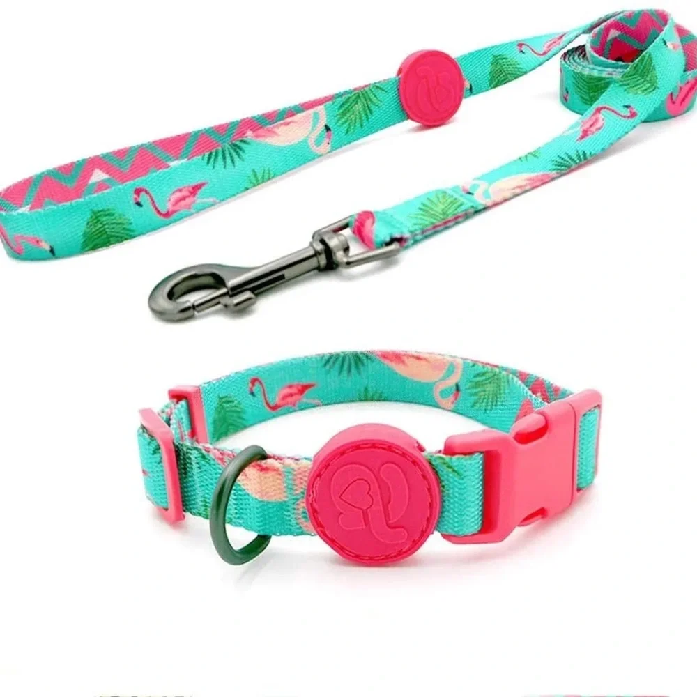 Flamingo Print Dog Collar and Leash Set